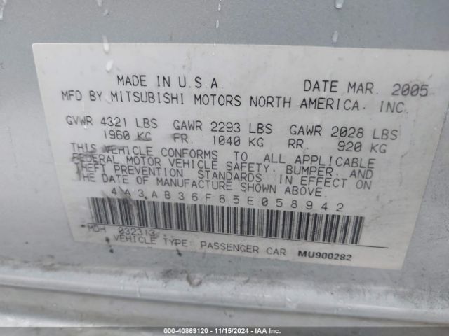 2005 MITSUBISHI GALANT 4A3AB36F65E058942 Photo 8