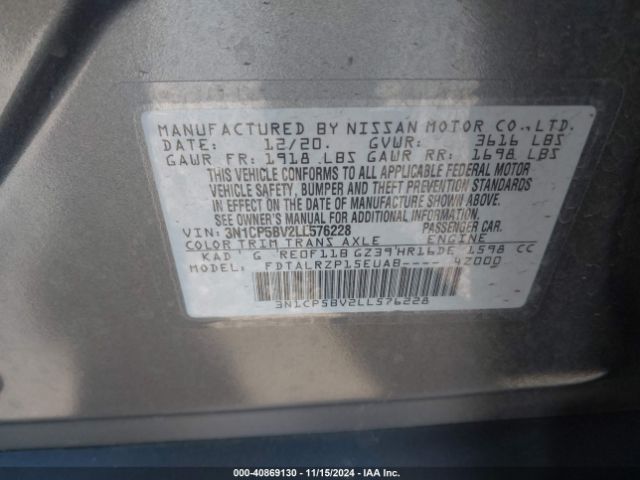 3N1CP5BV2LL576228 Nissan Kicks S Xtronic Cvt