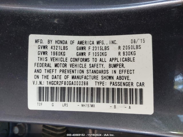 1HGCR2F80GA000288 Honda Accord Ex-l