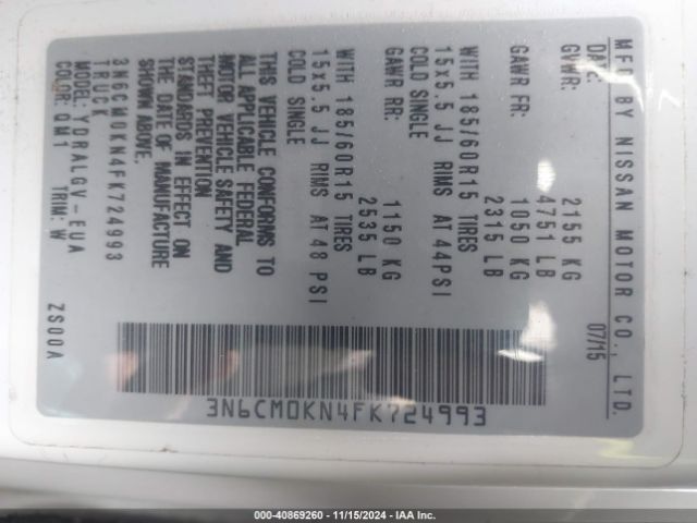 3N6CM0KN4FK724993 Nissan NV200 SV