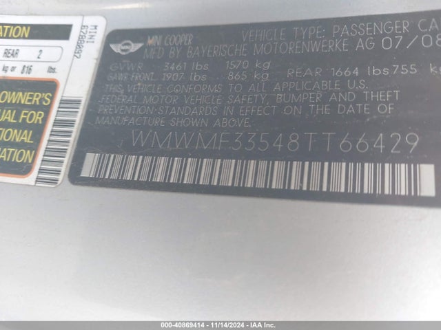 2008 MINI COOPER WMWMF33548TT66429 Photo 8