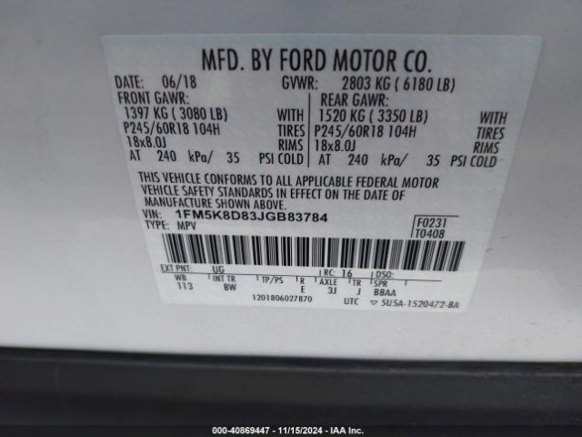 1FM5K8D83JGB83784 Ford EXPLORER XLT
