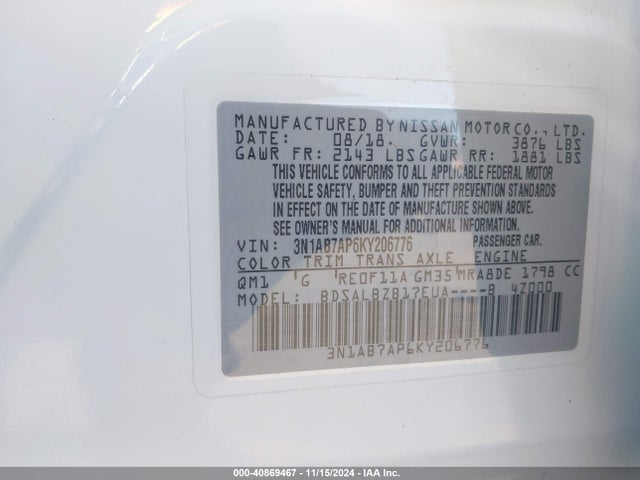 Nissan SENTRA S 2019 3N1AB7AP6KY206776 Image 9