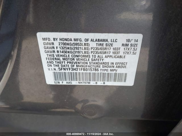 5FNYF3H21FB015786 Honda PILOT LX