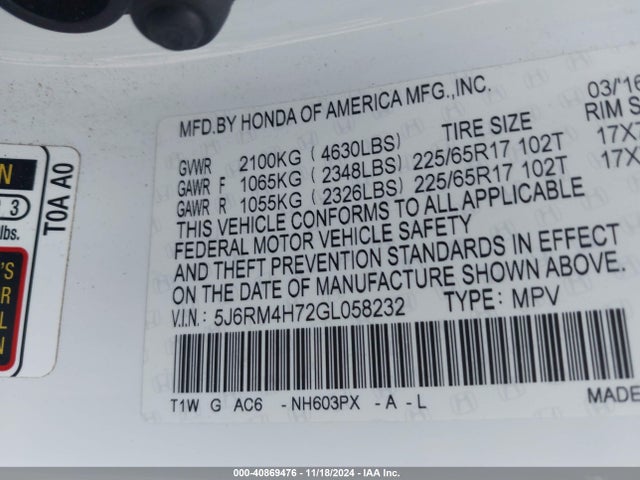 Honda Cr-v Ex-l 2016 5J6RM4H72GL058232 Image 9