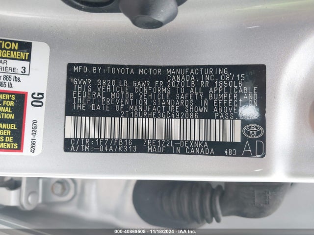 Toyota COROLLA LE 2016 2T1BURHE3GC492086 Image 9