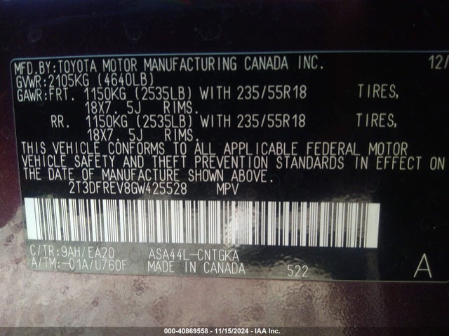 2T3DFREV8GW425528 Toyota Rav4 Limited