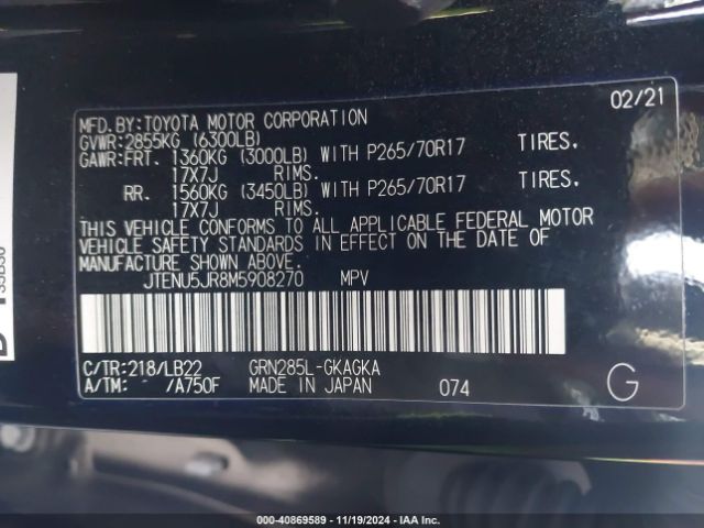 JTENU5JR8M5908270 Toyota 4runner Sr5 Premium