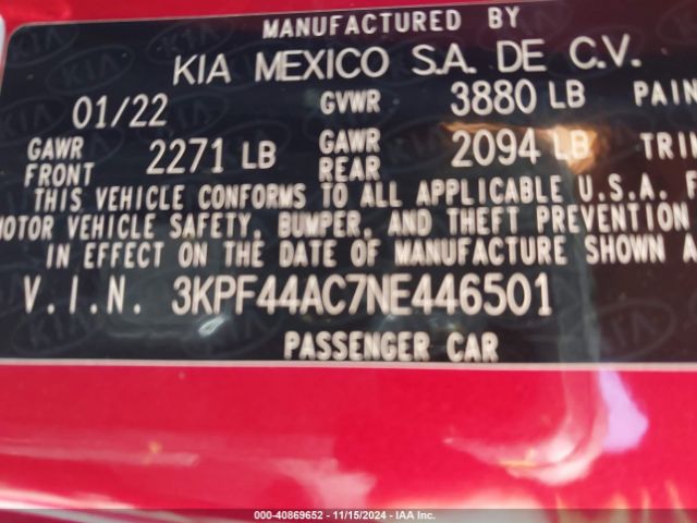 3KPF44AC7NE446501 KIA Forte Gt Manual