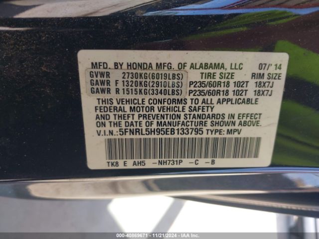 5FNRL5H95EB133795 Honda Odyssey Touring/touring Elite
