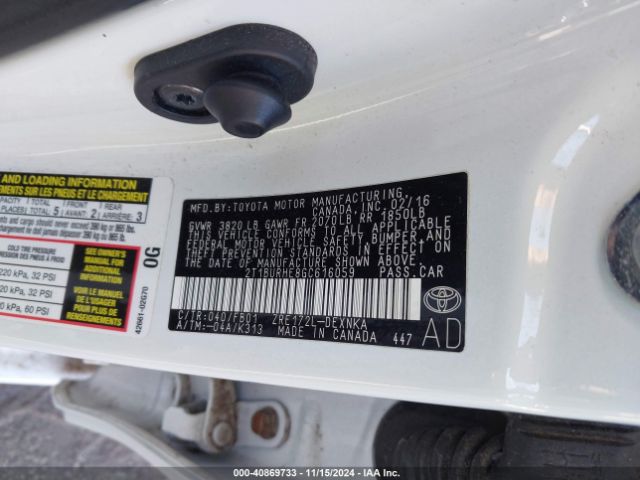 2T1BURHE8GC616059 Toyota COROLLA LE