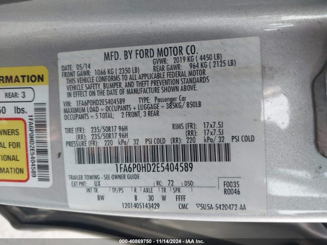 Ford FUSION SE 2014 1FA6P0HD2E5404589 Image 9