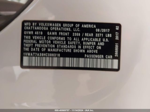 1VWAT7A39HC086316 Volkswagen Passat 1.8t S