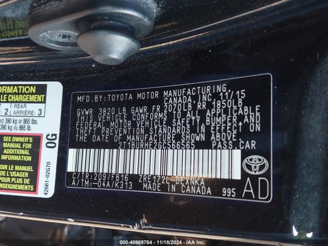 2T1BURHE2GC566565 Toyota COROLLA LE