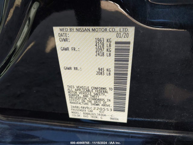 1N4BL4BV9LC220553 Nissan Altima S Fwd