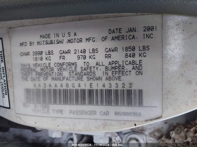 2001 MITSUBISHI GALANT 4A3AA46G41E143323 Photo 8