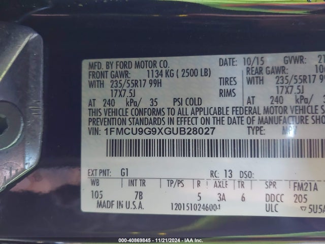 Ford ESCAPE SE 2016 1FMCU9G9XGUB28027 Image 9
