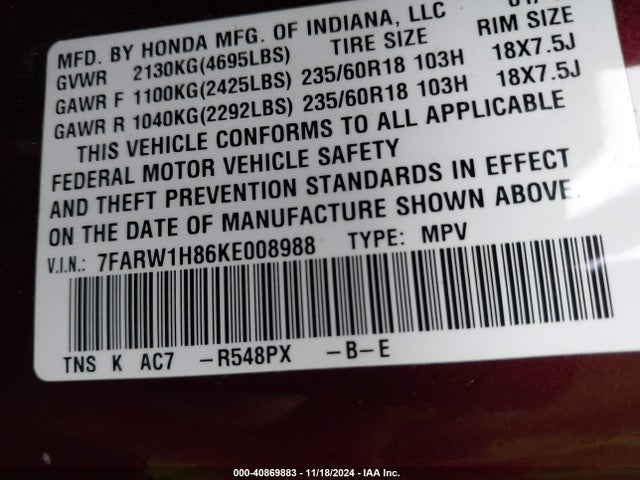 Honda Cr-v Ex-l 2019 7FARW1H86KE008988 Image 9