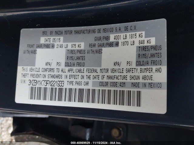 Mazda Mazda3 I Sport 2015 3MZBM1K73FM221933 Image 9