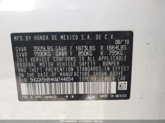 3HGGK5H84KM744654 Honda FIT EX