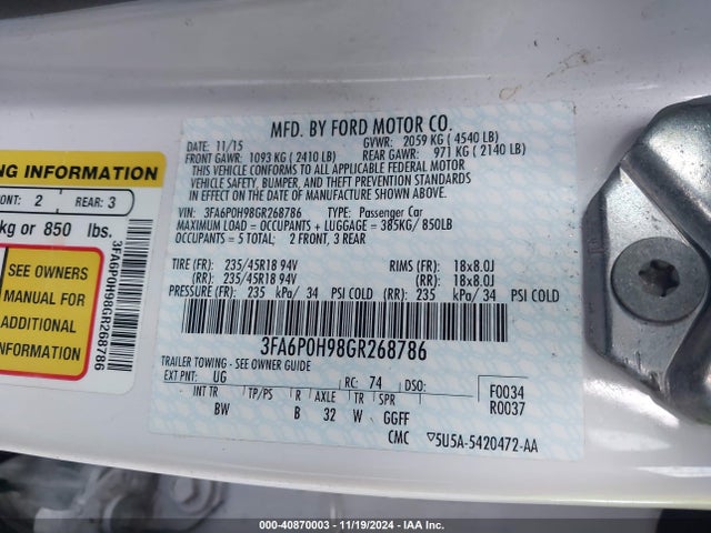 Ford FUSION SE 2016 3FA6P0H98GR268786 Image 9