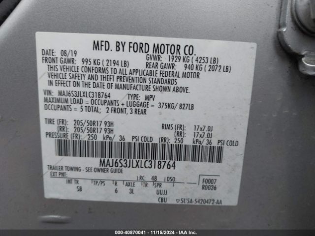 MAJ6S3JLXLC318764 Ford Ecosport Ses
