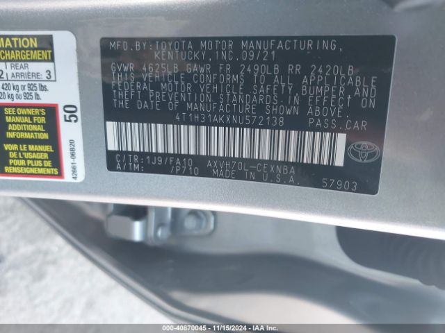 4T1H31AKXNU572138 Toyota Camry Le Hybrid