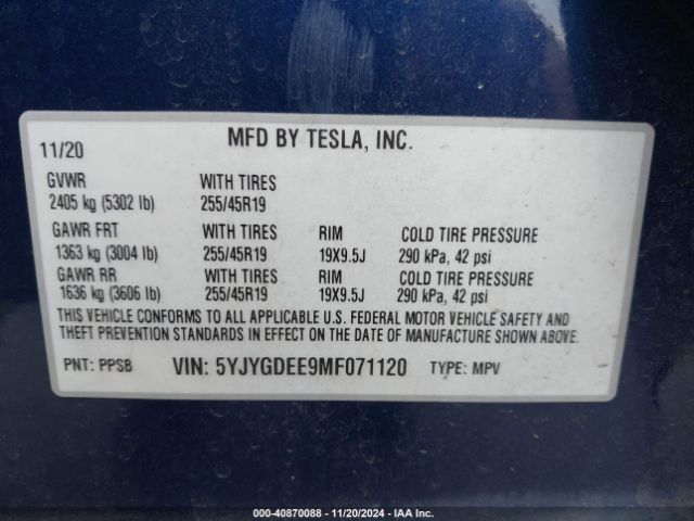 5YJYGDEE9MF071120 Tesla Model Y Long Range Dual Motor All-wheel Drive