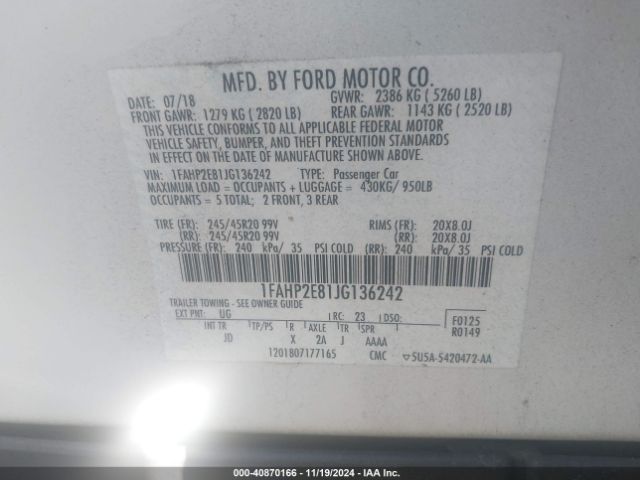 1FAHP2E81JG136242 Ford TAURUS SEL