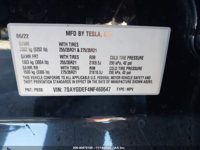 7SAYGDEF4NF460647 Tesla 2022