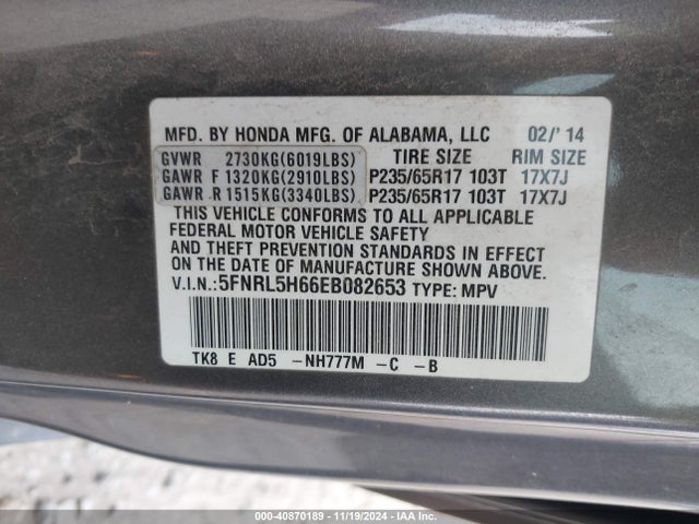 Honda Odyssey Ex-l 2014 5FNRL5H66EB082653 Image 9
