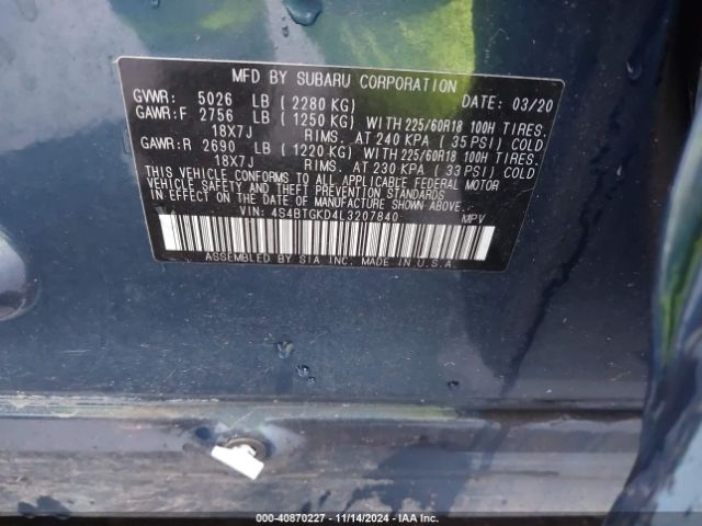 4S4BTGKD4L3207840 Subaru Outback Onyx Edition Xt