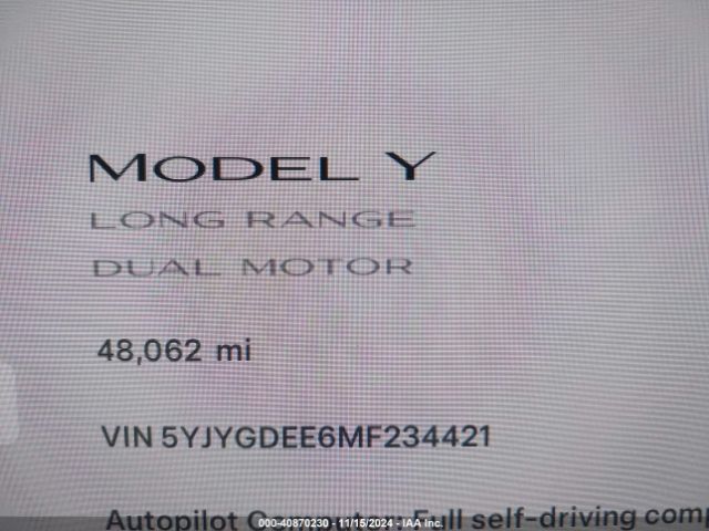 5YJYGDEE6MF234421 Tesla Model Y Long Range Dual Motor All-wheel Drive