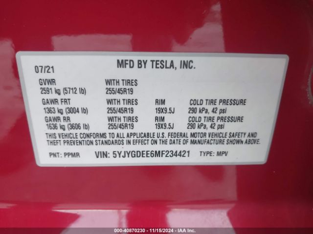 5YJYGDEE6MF234421 Tesla Model Y Long Range Dual Motor All-wheel Drive