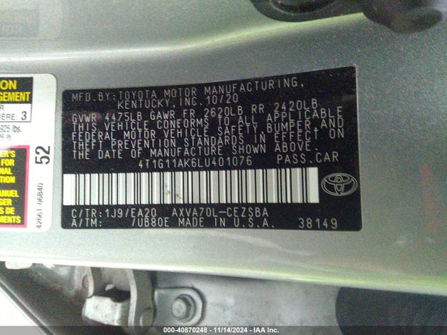 4T1G11AK6LU401076 Toyota CAMRY SE