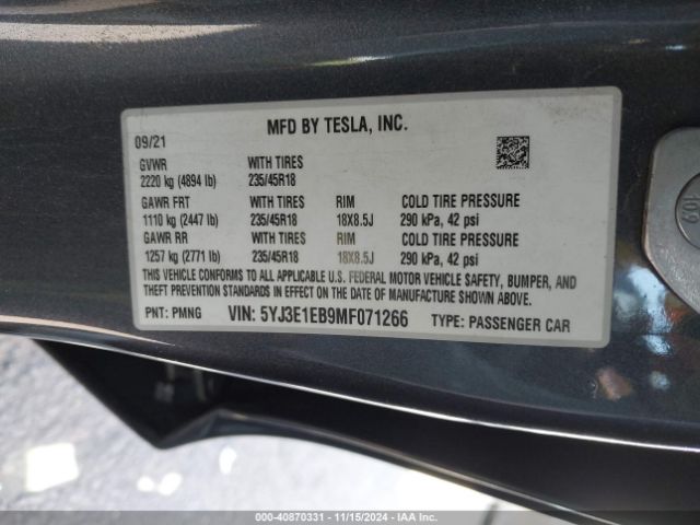 5YJ3E1EB9MF071266 Tesla Model 3 Long Range Dual Motor All-wheel Drive