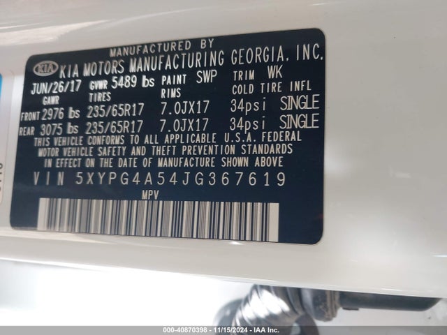 5XYPG4A54JG367619 KIA Sorento 3.3l Lx