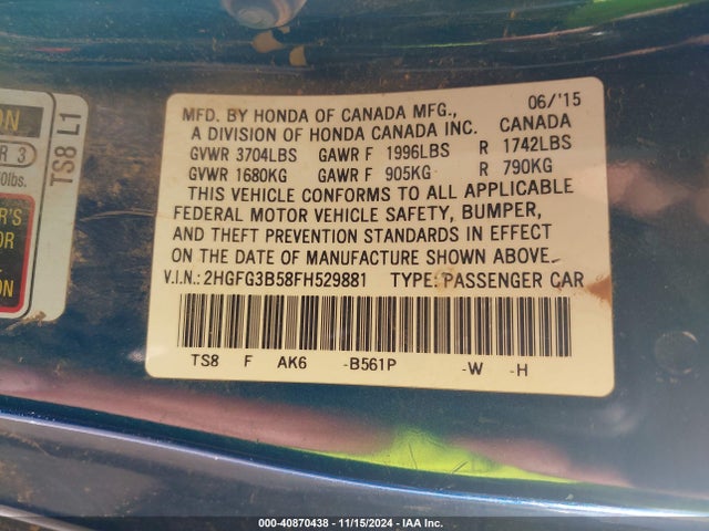 40870438 :رقم المزاد ، 2HGFG3B58FH529881 vin ، 2015 Honda Civic Lx مزاد بيع