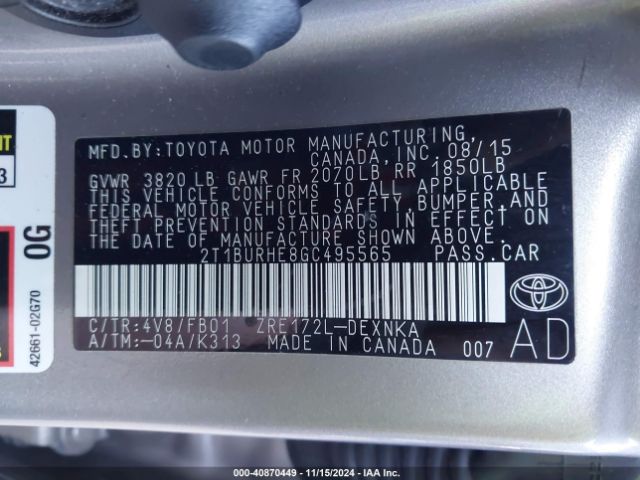 2T1BURHE8GC495565 Toyota COROLLA LE