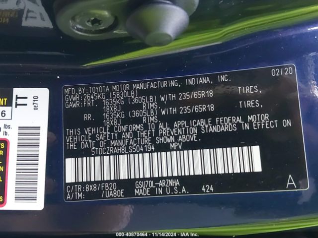 5TDCZRAH8LS504194 Toyota Highlander L