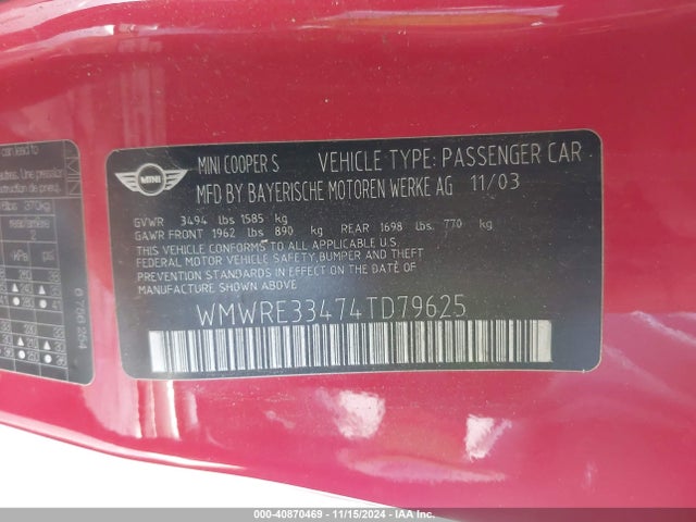 2004 MINI COOPER S WMWRE33474TD79625 Photo 8