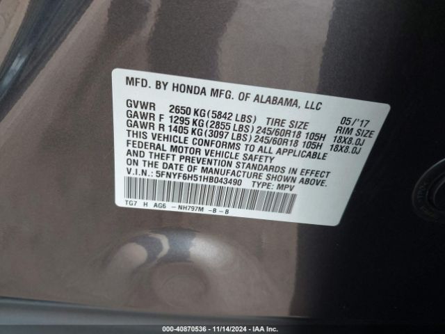 5FNYF6H51HB043490 Honda Pilot Ex-l