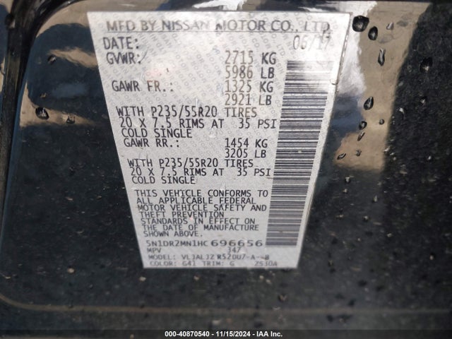 Nissan Pathfinder Platinum 2017 5N1DR2MN1HC696656 Image 9