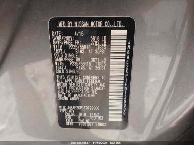 JN8AE2KP1F9129000 Nissan Quest Platinum/s/sl/sv