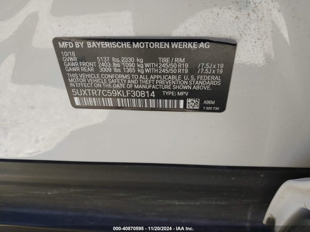 5UXTR7C59KLF30814 BMW X3 Sdrive30i