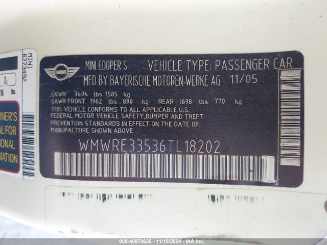 2006 MINI COOPER S WMWRE33536TL18202 Photo 8