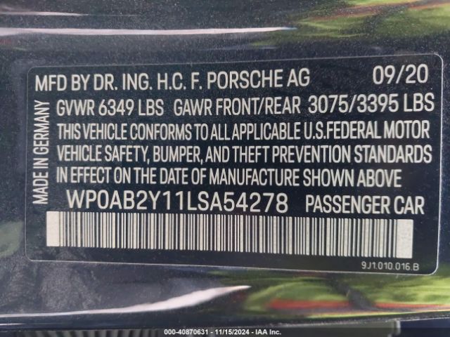 WP0AB2Y11LSA54278 Porsche TAYCAN 4S