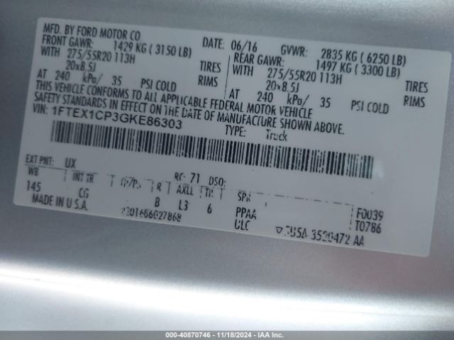 1FTEX1CP3GKE86303 Ford F-150 Xl