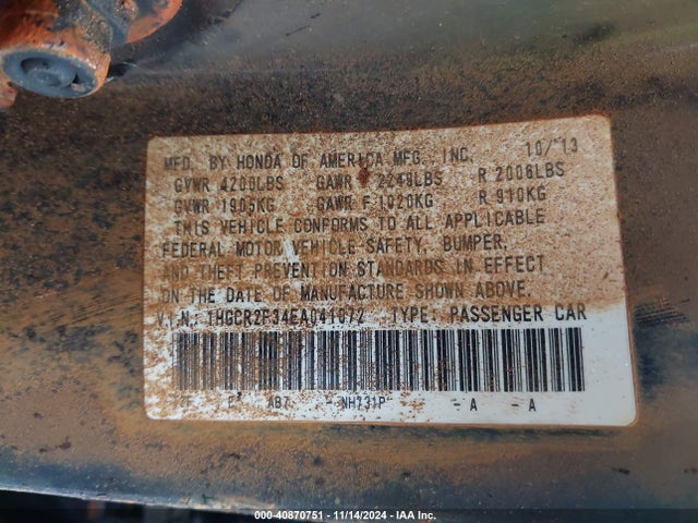 Honda ACCORD LX 2014 1HGCR2F34EA041072 Image 9