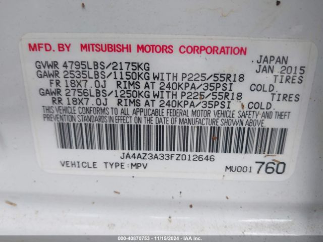 JA4AZ3A33FZ012646 Mitsubishi Outlander Se